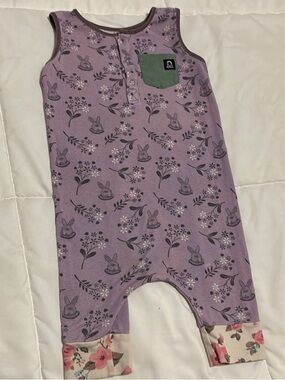 Rags to Raches 2t Purple Bunny Floral Baby Romper with Green Pocket